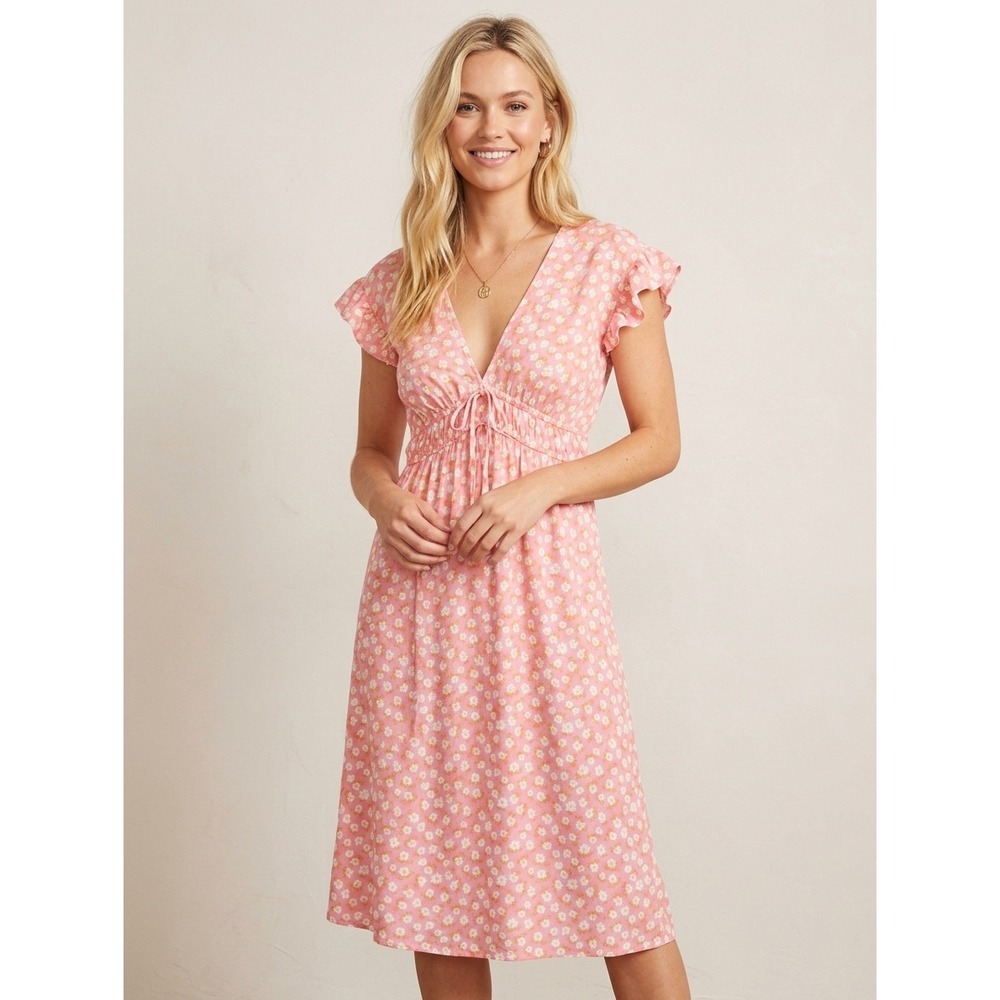 Billabong Pink Floral Daisy Midi Dress Ruffle Sleeve V-Neck Smocked Waist Boho S